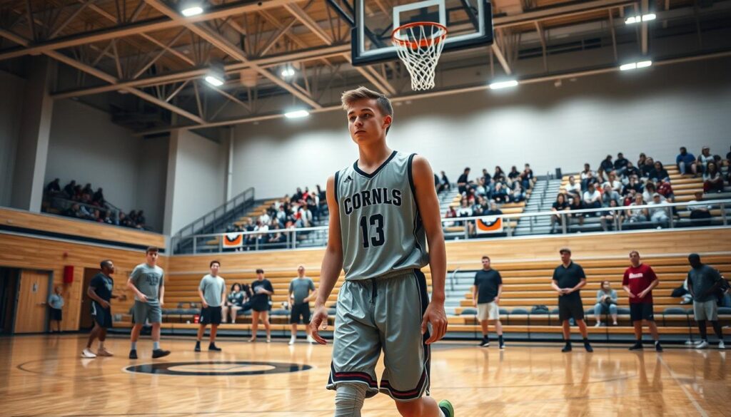 A high school basketball gymnasium in Southwest Florida, capturing the moment of a player cautiously returning to the court after recovery from an injury. In the foreground, a young male athlete in a modest high school basketball uniform, showing determination, is moving toward the hoop. In the middle ground, teammates in casual athletic wear observe and encourage him, maintaining a supportive atmosphere. The background features the basketball court with bleachers filled with enthusiastic fans. Bright overhead gym lights illuminate the scene, casting dynamic shadows on the polished wooden floor. The overall mood is one of hope and camaraderie, emphasizing resilience in the face of challenges, as the player focuses on reintegrating into the game. A high school basketball gymnasium in Southwest Florida, capturing the moment of a player cautiously returning to the court after recovery from an injury. In the foreground, a young male athlete in a modest high school basketball uniform, showing determination, is moving toward the hoop. In the middle ground, teammates in casual athletic wear observe and encourage him, maintaining a supportive atmosphere. The background features the basketball court with bleachers filled with enthusiastic fans. Bright overhead gym lights illuminate the scene, casting dynamic shadows on the polished wooden floor. The overall mood is one of hope and camaraderie, emphasizing resilience in the face of challenges, as the player focuses on reintegrating into the game.