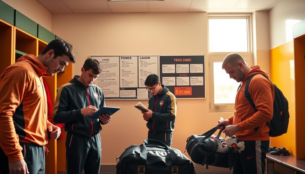 A vibrant scene depicting a sports team preparing for an away game, set in a bright locker room with team colors prominently displayed. In the foreground, athletes, dressed in smart team tracksuits, are engaged in various activities: one is taping up their gear, another is reviewing game strategies on a tablet, and a third is packing a duffel bag with sports equipment. In the middle ground, a bulletin board shows a detailed travel itinerary and game schedules, illuminated by warm overhead lighting. The background features a large window with sunlight streaming in, casting a welcoming glow on the scene. The mood is energetic and focused, capturing the anticipation and camaraderie of team preparation before hitting the road.