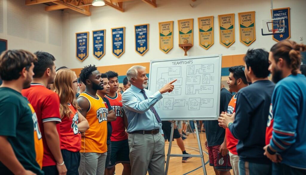 A vibrant scene depicting an inspiring community gathering celebrating a historic championship team. In the foreground, a diverse group of individuals in smart casual attire stand together, exuding team spirit with colorful jerseys and enthusiastic expressions. In the middle ground, a dedicated coach, focusing intensely, points toward a whiteboard filled with strategic diagrams, surrounded by engaged players who are listening intently, showcasing their commitment to teamwork. The background features a well-lit gym adorned with banners and trophies from past championships, reflecting the rich history of success. Soft, warm lighting envelops the scene, conveying a sense of camaraderie and achievement, while the angle captures the dynamic interaction between the coach and players, emphasizing the themes of coaching, community, and culture in team success.
