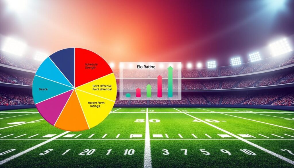 A visually engaging and informative illustration of "power ratings methodology factors" suited for an analytical sports article. In the foreground, display a dynamic pie chart that represents various rating factors like schedule strength, point differential, and recent form. Include vibrant colors for each segment while ensuring clear visual distinction. In the middle ground, place a simplified depiction of an Elo rating calculation model, featuring upward and downward arrows to symbolize changes in team strength. The background should include an abstract design of a football field with subtle metrics overlaid, creating a dynamic sports atmosphere. Use bright, well-diffused lighting to enhance clarity and highlight the data visualization elements. Aim for a professional yet exciting mood, inviting viewers to understand the analytical approach behind high school power rankings.