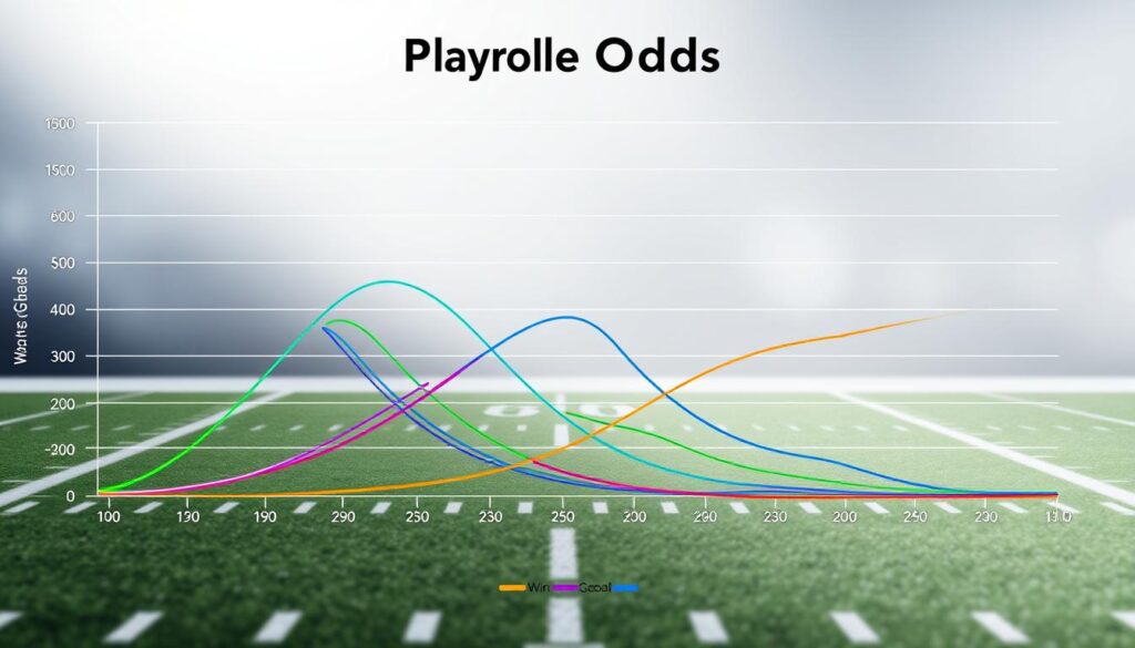 A visually engaging playoff odds chart, showcasing various high school football teams in a sleek, modern design. In the foreground, a vibrant graph displays win probabilities as colorful lines, with each line representing a different team, incorporating a range of blues, greens, and oranges. The middle ground features clear axis labels and numeric markers, lending it a professional feel. The background should include a subtle gradient, reminiscent of a football field, with faint yard lines to evoke the sport's atmosphere. Soft, diffused lighting enhances the colors, giving the chart a polished finish while maintaining clarity. The overall mood is competitive and dynamic, capturing the excitement of playoff predictions. The image should be crisp and analytical, free from any text overlays or distractions.