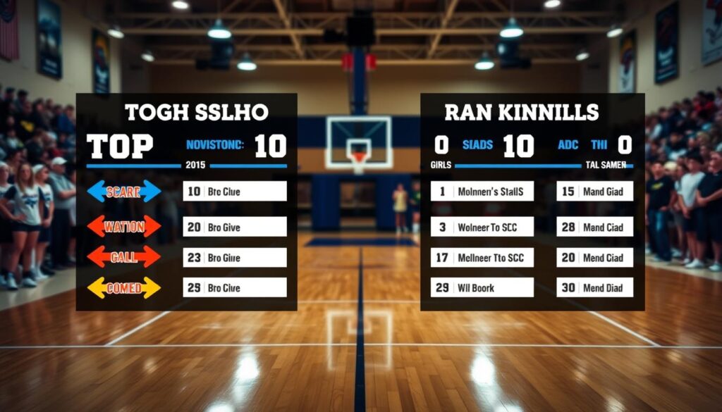 A visually striking composition depicting a high school basketball ranking board, showing the top 10 boys and top 10 girls teams from Southwest Florida, arranged in an organized layout. The foreground features a sleek scoreboard design with arrows indicating team movements, infused with vibrant team colors such as blue, red, and gold. In the middle, a polished wooden gym floor reflects the subtle overhead lighting, creating a dynamic atmosphere. Behind the scoreboard, a blurred background showcases a bustling basketball gym, with enthusiastic fans and players in modest athletic wear. The mood is electric, filled with anticipation and excitement for high school basketball. The scene captures the essence of competitiveness, teamwork, and community spirit, with an emphasis on clarity and organization for easy readability. A visually striking composition depicting a high school basketball ranking board, showing the top 10 boys and top 10 girls teams from Southwest Florida, arranged in an organized layout. The foreground features a sleek scoreboard design with arrows indicating team movements, infused with vibrant team colors such as blue, red, and gold. In the middle, a polished wooden gym floor reflects the subtle overhead lighting, creating a dynamic atmosphere. Behind the scoreboard, a blurred background showcases a bustling basketball gym, with enthusiastic fans and players in modest athletic wear. The mood is electric, filled with anticipation and excitement for high school basketball. The scene captures the essence of competitiveness, teamwork, and community spirit, with an emphasis on clarity and organization for easy readability.