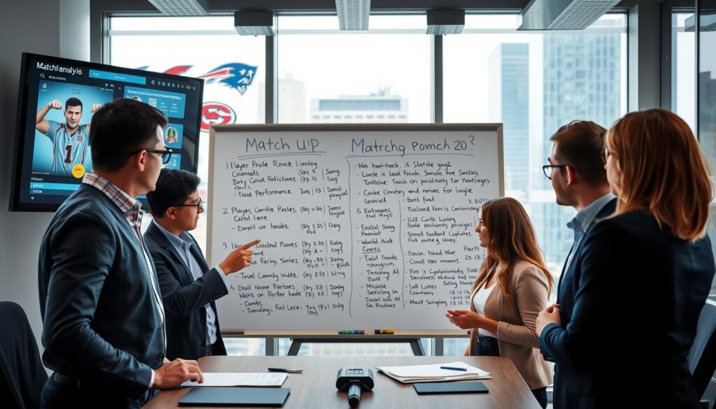A detailed scene showcasing a sports analysis team in a modern office environment, focused on matchup analysis for an upcoming game. In the foreground, a diverse group of four professionals, two men and two women, dressed in business casual attire, are intently discussing player statistics while pointing at a large digital screen displaying graphs and images of the teams. In the middle ground, a large whiteboard filled with notes on recent performance, injuries, and travel schedules enhances the focus on strategic analysis. The background features a wall of team logos and a large window with city views, allowing natural light to illuminate the space. The atmosphere is dynamic and collaborative, reflecting the urgency and excitement of preparing for critical matchups, captured from a slightly elevated angle.