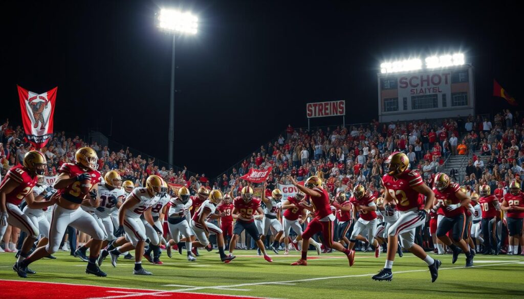A dynamic high school football scene depicting a fierce rivalry match, set on a vibrant field under the bright floodlights of a packed stadium. In the foreground, players in professional football uniforms are intensely engaged in action, showcasing their athleticism and determination. The middle ground features enthusiastic fans wearing team colors, waving banners, and displaying spirited emotions. In the background, school banners hang proudly, emphasizing the history of this storied matchup. The lighting is dramatic, casting deep shadows while highlighting the energy of the game. The atmosphere is charged with excitement and tension, capturing the essence of rivalry, tradition, and memorable streaks in high school football history. Focus on a wide-angle perspective to encompass the lively scene while keeping details sharp and clear.