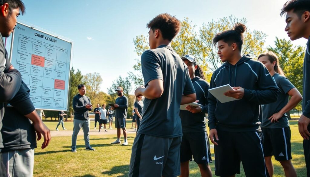 A dynamic outdoor scene showcasing a calendar planning environment for an upcoming sports camp and combine events. In the foreground, a diverse group of young athletes wearing professional sports attire is engaged in discussions while reviewing a large wall calendar filled with highlighted dates and locations for upcoming showcases. In the middle ground, coaches with clipboards observe, taking notes as athletes practice drills. The background features a sunny park setting with a clear blue sky and lush greenery, enhancing the energetic atmosphere. Utilize soft, natural lighting to create a warm and inviting feel, captured from a low angle that emphasizes the athletes' determination and focus on their goals.