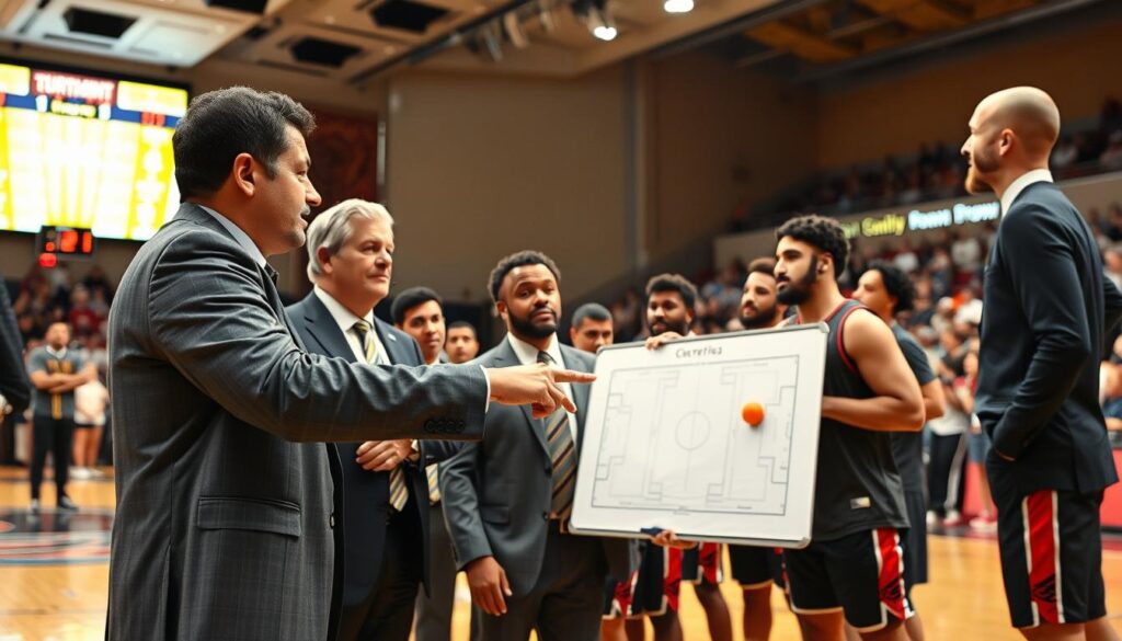 A dynamic scene unfolding in a sports arena during a tournament, showcasing a group of diverse basketball coaches in professional attire, actively discussing tactics. In the foreground, one coach gestures emphatically, pointing towards a whiteboard filled with strategic plays. The middle ground features players warming up, displaying intensity and focus, while a scoreboard glows in the background, highlighting the tournament's competitive atmosphere. The lighting is bright and vibrant, illuminating the excitement of the game, with a slightly blurred crowd cheering in the back, creating a sense of depth and energy. Capture the intensity of the moment and the strategic adjustments being made, conveying a sense of teamwork and determination.