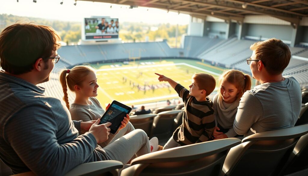 A family of four sitting comfortably in a modern stadium bleacher, eagerly discussing their picks for the upcoming high school games to stream. In the foreground, the parents, dressed in casual yet neat athletic wear, are browsing schedules on a tablet, while their children, a teenage boy and girl, point excitedly at a screen showing game highlights. In the middle ground, a vibrant high school football field is visible, with players practicing in the background. The atmosphere is lively and engaging, enhanced by warm afternoon sunlight reflecting off the field. The setting conveys a sense of community, enthusiasm, and family bonding over sports, framed with a soft focus to emphasize the family dynamics.