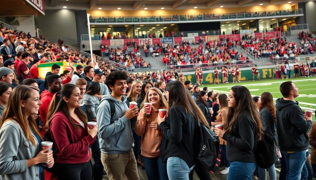 A lively high school sports stadium scene during a game, featuring a vibrant student section cheering enthusiastically while maintaining safety etiquette. In the foreground, groups of students in casual but modest clothing, holding snack items from nearby concessions, stand together, some engaging with each other, while others keep an eye on the field. In the middle ground, a colorful variety of food stalls with family-friendly concession offerings, including popcorn, hot dogs, and drinks, create a festive atmosphere. The background shows cheering bands and banners representing the school spirit, under bright stadium lights. The angle captures the energy and camaraderie of the event, with a warm and inviting ambiance that emphasizes community and safety, ensuring a joyful experience for families and fans alike.
