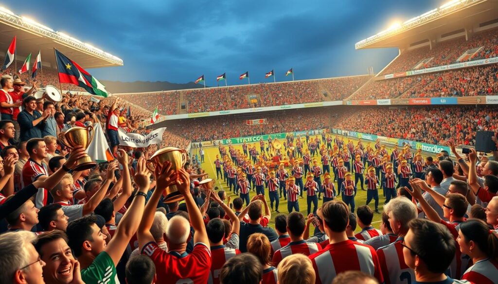 A vibrant scene depicting the rivalry traditions of Naples, showcasing a festive atmosphere filled with bands and pageantry. In the foreground, enthusiastic fans wearing team colors cheer while holding banners and trophies, embodying the passion of the match. The middle ground features a lively marching band, dressed in uniforms, playing spirited music, dotted with dancers performing traditional rituals. The background reveals a stadium bustling with energy, adorned with flags and decorations celebrating the rivalry. Soft golden lighting casts a warm glow over the scene, enhancing the mood of excitement and camaraderie. The angle captures the dynamic essence of the event, showcasing both the fans and performers in a harmonious celebration of sports culture.