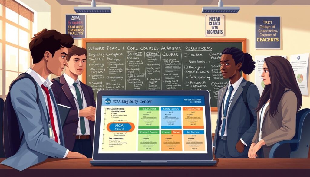 A visually engaging illustration representing the NCAA eligibility center academic requirements. In the foreground, depict a diverse group of high school students, dressed in professional business attire, engaging in discussion around an open laptop displaying a colorful infographic about core courses and timelines. In the middle ground, show a large chalkboard filled with organized notes and diagrams illustrating required academic subjects, course types, and timelines for eligibility. The background features a modern classroom setting with motivational posters related to education and achievement. Soft, natural lighting filters through large windows, creating a warm and inviting atmosphere that inspires academic success and teamwork. The overall mood is one of focus and determination, reflecting the importance of meeting NCAA standards for prospective athletes.