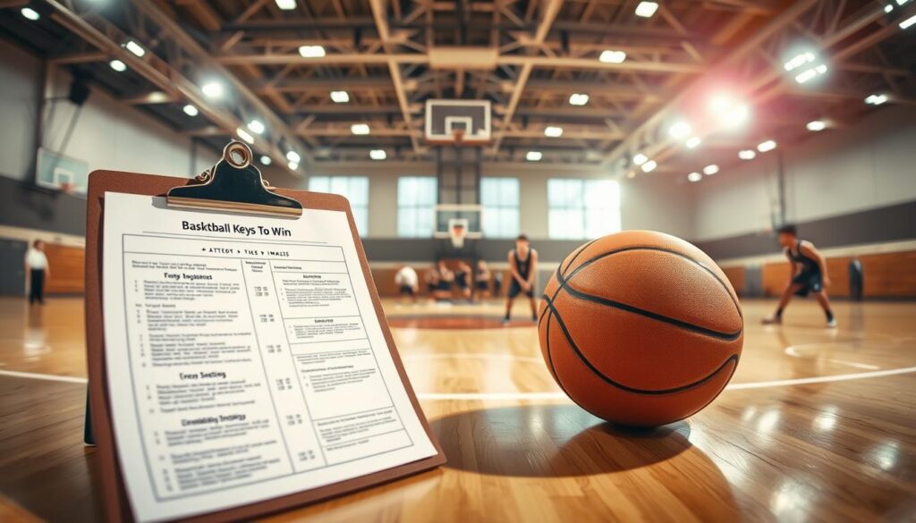 A visually striking illustration depicting "basketball keys to win". In the foreground, a well-organized clipboard with detailed game strategies and a basketball sitting prominently next to it, symbolizing crucial insights. The middle layer features a blurred image of a basketball court with players in crisp, professional uniforms practicing drills, capturing the intensity and focus of the game. In the background, a luxurious gym atmosphere with bright, overhead LED lights illuminating the scene, casting dynamic shadows. The mood is energetic and competitive, embodying the essence of preparation and strategy under an ambient glow. Use a slight fisheye lens effect to enhance the depth and urgency of the scene, emphasizing the pivotal elements of success in basketball.