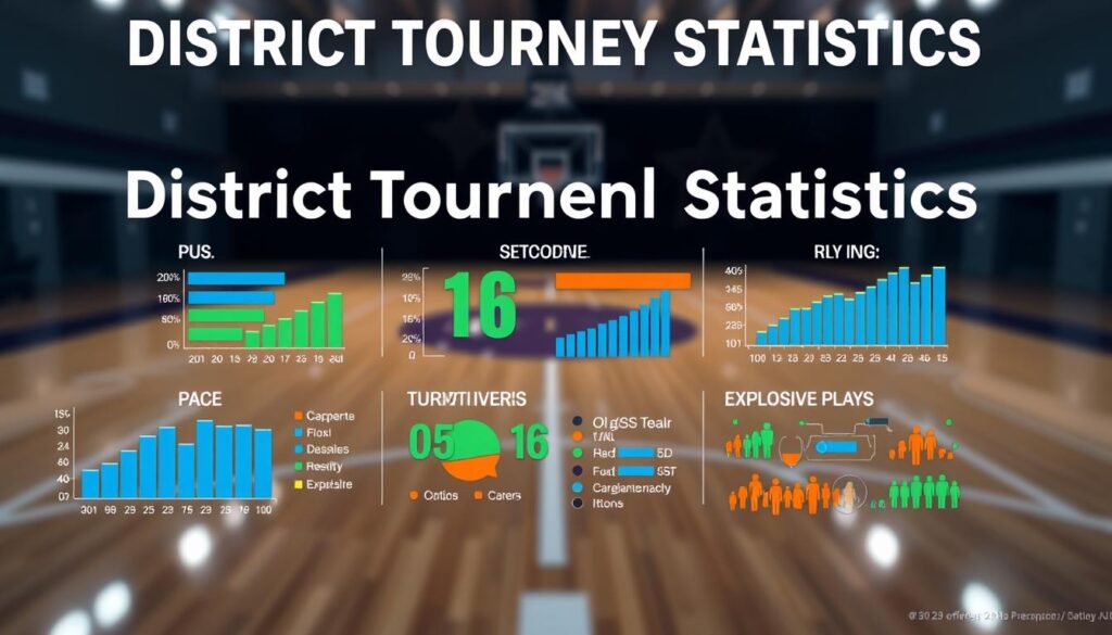 A visually striking infographic depicting "District Tourney Statistics," set against a sleek, modern background. In the foreground, various colorful charts and graphs illustrate key metrics such as pace, shooting percentages, turnover rates, and explosive plays. Each graphic is clearly defined, with sharp lines and vibrant colors like blue, green, and orange to draw attention. The middle ground showcases a blurred basketball court, subtly hinting at the tournament atmosphere, while the background is filled with gentle bokeh lights, enhancing the excitement of the sports environment. The lighting is bright and focused, accentuating the infographics while creating a dynamic and analytical mood, suitable for sports enthusiasts and professionals.