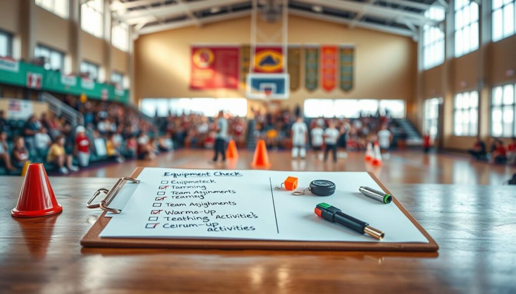 A detailed and organized competition day coach checklist template, displayed as an open clipboard laying flat on a polished wooden table in a brightly lit gymnasium. The foreground features handwritten items on the checklist, such as "Equipment Check," "Team Assignments," and "Warm-Up Activities," all clearly legible. In the middle ground, small sports items like cones, whistles, and stopwatches are artistically arranged around the clipboard, creating a sense of preparation. The background showcases a blurred view of a cheering crowd and colorful banners, enhancing the atmosphere of excitement and anticipation. The image is illuminated with natural lighting pouring through large windows, creating a vibrant and motivating mood, making it suitable for coaches on competition day. A detailed and organized competition day coach checklist template, displayed as an open clipboard laying flat on a polished wooden table in a brightly lit gymnasium. The foreground features handwritten items on the checklist, such as "Equipment Check," "Team Assignments," and "Warm-Up Activities," all clearly legible. In the middle ground, small sports items like cones, whistles, and stopwatches are artistically arranged around the clipboard, creating a sense of preparation. The background showcases a blurred view of a cheering crowd and colorful banners, enhancing the atmosphere of excitement and anticipation. The image is illuminated with natural lighting pouring through large windows, creating a vibrant and motivating mood, making it suitable for coaches on competition day.