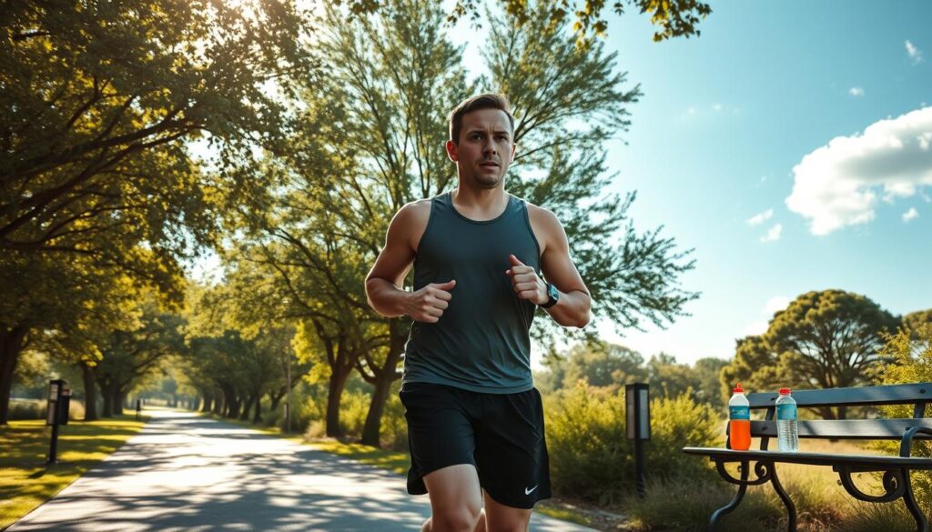 A runner in modest athletic attire jogs along a shaded trail, surrounded by lush green trees creating a dappled sunlight effect on the ground. In the foreground, focus on the runner’s determined expression, showcasing the effort of heat acclimation while maintaining a comfortable pace. The middle ground features a diverse landscape of trees and shrubs that provide ample shade, along with a hydration station with bottles and cups on a nearby bench. In the background, a bright blue sky with soft, fluffy clouds forms the perfect summer ambiance. The scene is illuminated by warm, soft lighting, suggesting early morning sun. The atmosphere is serene yet invigorating, capturing the essence of smart training in warm conditions. The perspective is slightly low angle, emphasizing the runner's focus and determination.