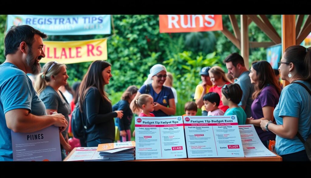 A vibrant and engaging scene depicting registration tips for family runs, featuring a diverse group of families in modest casual attire, gathered around a cheerful registration booth at a community event. In the foreground, colorful flyers outlining budget tips such as family bundles and early bird discounts are prominently displayed. In the middle ground, families are interacting with friendly volunteers, creating a sense of excitement and community. The background includes lively banners announcing the event and lush greenery typical of SWFL. Soft, warm lighting enhances a joyful atmosphere, while a slightly elevated angle captures the activity and engagement among participants. The mood is upbeat and family-friendly, celebrating togetherness in a community setting.