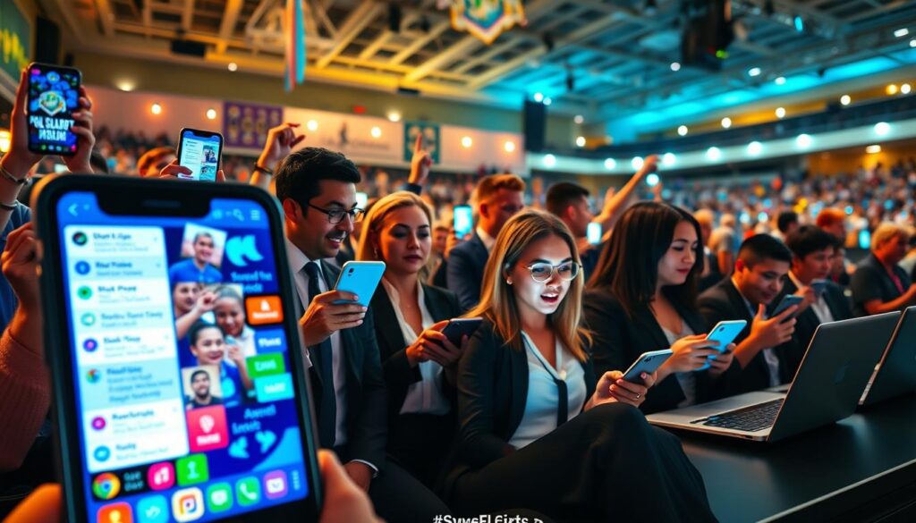 A vibrant digital scene depicting a lively social media hub focused on high school sports awards. In the foreground, sleek smartphones and laptops display colorful, animated social media feeds filled with hashtags like #SWFLSports and #LiveUpdates. The middle layer features a diverse group of excited individuals in professional business attire, actively engaging with their devices, sharing updates, and discussing highlights. Bright screens illuminate their faces, reflecting a sense of urgency and excitement. The background shows a stylized representation of a sports event venue, with banners, lights, and subtle decorations hinting at the high school sports theme. The overall atmosphere is energetic and dynamic, illuminated by soft yet bright lighting that highlights the interaction and community spirit. The angle is slightly elevated, capturing the interaction from a user-centric perspective.