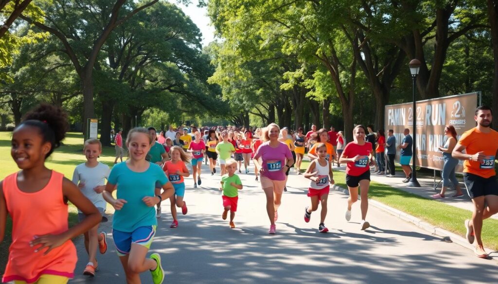 A vibrant family fun run event scene set in a sunny park, showcasing a diverse group of families participating. In the foreground, children and parents jog together, wearing bright, colorful athletic clothing, capturing the joy of the run. In the middle ground, a shaded pathway lined with water stop stations, offering refreshments and cheerful volunteers. The background features lush greenery, tall trees providing shade, and banners marking the event. Soft, natural lighting enhances the atmosphere of community, health, and excitement. The image should be captured from a slightly elevated angle to showcase the course layout and enthusiastic participants, evoking a sense of togetherness and fun.