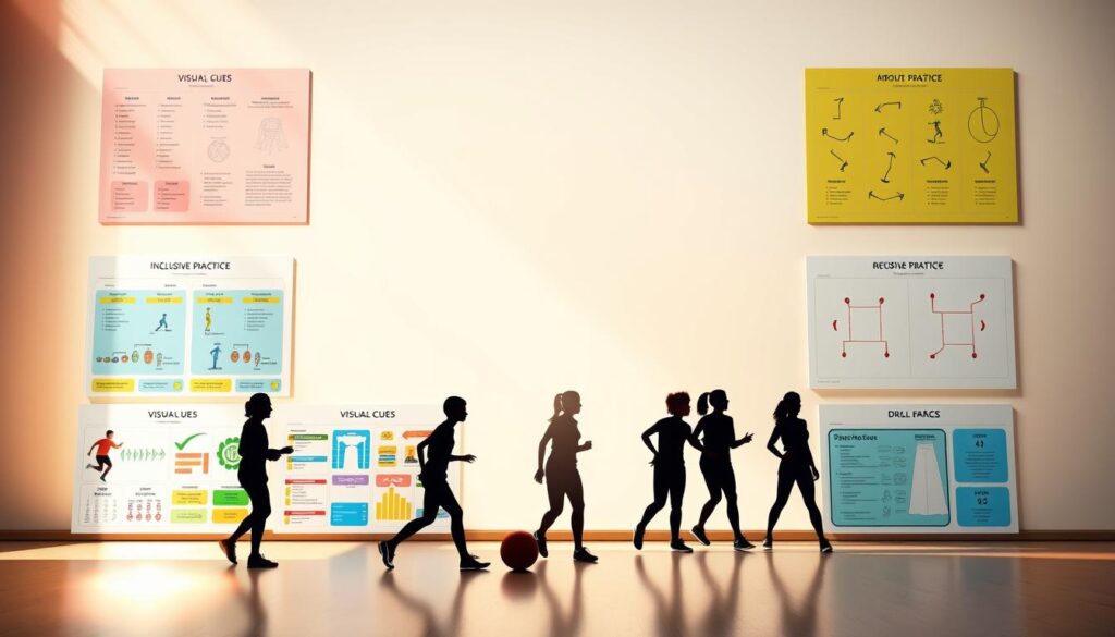 A vibrant layout of inclusive practice templates designed for Special Olympics coaching, featuring colorful diagrams and charts. In the foreground, showcase various templates illustrating visual cues, routines, and drill exercises aimed at fostering inclusivity in sports. The middle section includes silhouettes of athletes engaging in inclusive practice, depicted in professional casual athletic wear. The background consists of a soft gradient, symbolizing a positive atmosphere of teamwork and support. Light streams in from the left, creating a warm and inviting ambiance. The overall mood is encouraging and motivational, with an emphasis on unity and participation in sports for all abilities. A vibrant layout of inclusive practice templates designed for Special Olympics coaching, featuring colorful diagrams and charts. In the foreground, showcase various templates illustrating visual cues, routines, and drill exercises aimed at fostering inclusivity in sports. The middle section includes silhouettes of athletes engaging in inclusive practice, depicted in professional casual athletic wear. The background consists of a soft gradient, symbolizing a positive atmosphere of teamwork and support. Light streams in from the left, creating a warm and inviting ambiance. The overall mood is encouraging and motivational, with an emphasis on unity and participation in sports for all abilities.