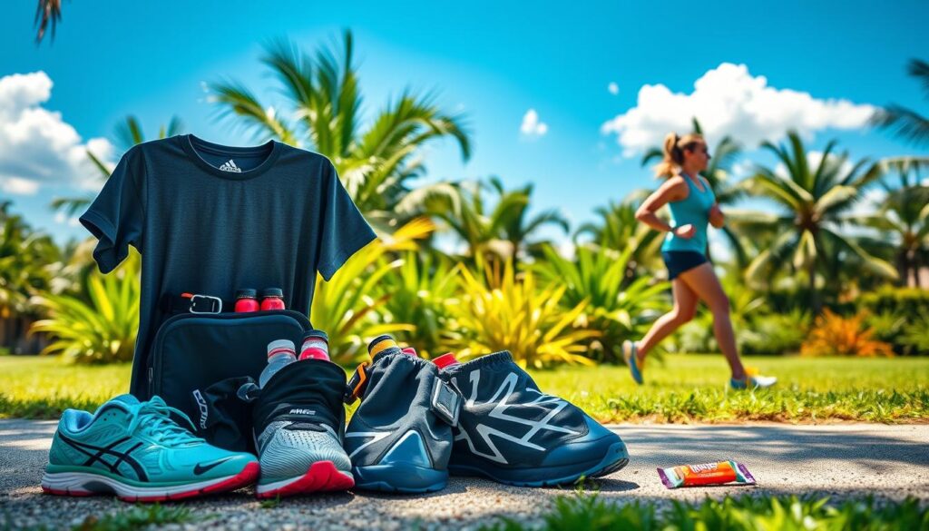 A vibrant outdoor scene depicting essential marathon training gear suitable for the hot, humid climate of Southwest Florida. In the foreground, showcase a neatly organized collection of gear: lightweight running shoes, moisture-wicking shirts, breathable shorts, a hydration belt filled with water bottles, and energy gels. In the middle ground, visualize a runner in modest athletic attire, focused on stretching and preparing for training, surrounded by lush tropical plants reflecting the local environment. The background features a sunny blue sky with a few fluffy clouds, evoking a warm, inviting atmosphere. Soft sunlight filters through the trees, creating dappled patterns on the ground, enhancing the scene's energetic and motivating mood.