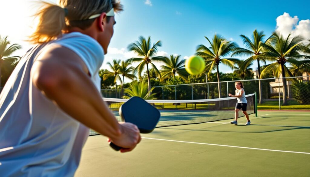 A vibrant pickleball scene on a well-maintained court, showcasing two players engaging in a lively match. The foreground captures the dynamic action, with a player executing a powerful serve, wearing athletic gear and a focused expression. In the middle ground, a net separates the two players, with a brightly colored pickleball flying through the air, emphasizing motion and excitement. The background features a sunlit sky and lush palm trees, typical of Southwest Florida, enhancing the regional ambiance. Natural lighting casts soft shadows, creating a warm and inviting atmosphere for recreational sports. Capture the thrill of pickleball amidst this lively community setting, perfect for showcasing adult and youth leagues.
