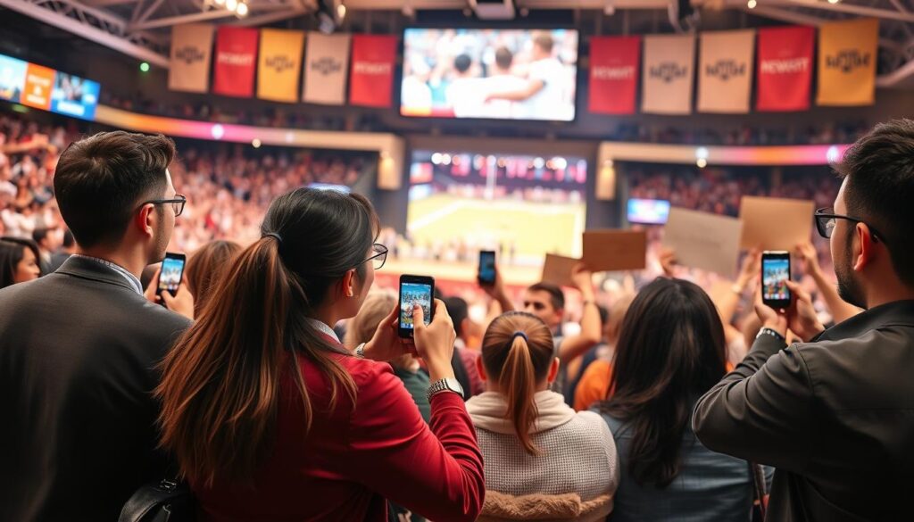 A vibrant scene depicting fan participation in social media engagement at a sports event. In the foreground, diverse fans in professional casual attire are holding smartphones, capturing moments and posting live updates. The middle ground features a large digital screen displaying highlights from the event, surrounded by colorful banners celebrating teamwork and community spirit. In the background, a cheering crowd, with some waving handmade signs, adds to the lively atmosphere. The lighting is warm and energetic, suggesting excitement, with a shallow depth of field to focus on the engaged fans. The angle is slightly elevated to capture both the fans and the atmosphere of the event, evoking a sense of unity and shared enthusiasm among community members.