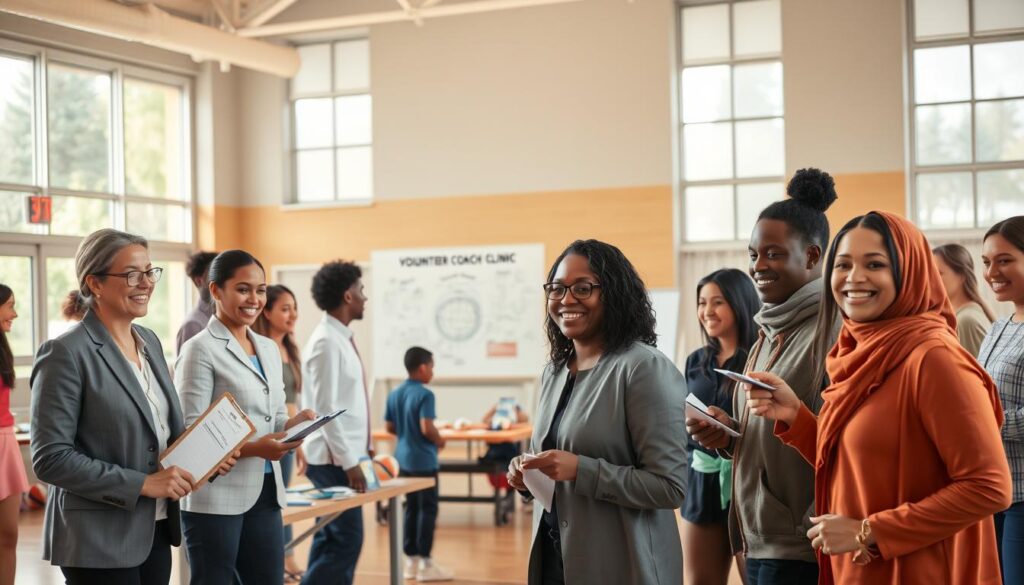A vibrant volunteer coach clinic in a sunlit community center gym. In the foreground, a diverse group of enthusiastic adult coaches, wearing professional business attire and modest casual clothing, actively engaging with each other. Some are demonstrating coaching techniques with youth players, while others take notes on clipboards. In the middle ground, a large whiteboard displays coaching strategies and diagrams, surrounded by tables featuring sports equipment and informational pamphlets about volunteer roles. In the background, large windows allow natural light to flood in, enhancing the warm, welcoming atmosphere. The scene captures a sense of camaraderie, learning, and community spirit. The focal point is a close-up of smiling participants, illuminated by soft, warm lighting with a slight bokeh effect on the background.